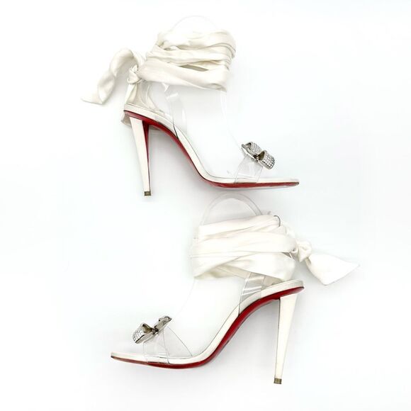CHRISTIAN LOUBOUTIN Astrinodo Crystal Bow PVC White Sandal Size 38.5 Heel - Picture 5 of 16
